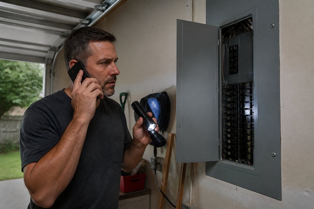 Homeowner on phone with electrician while holding a flashlight near an open circuit breaker panel, showing preparation and safety awareness for emergency service in a residential garage