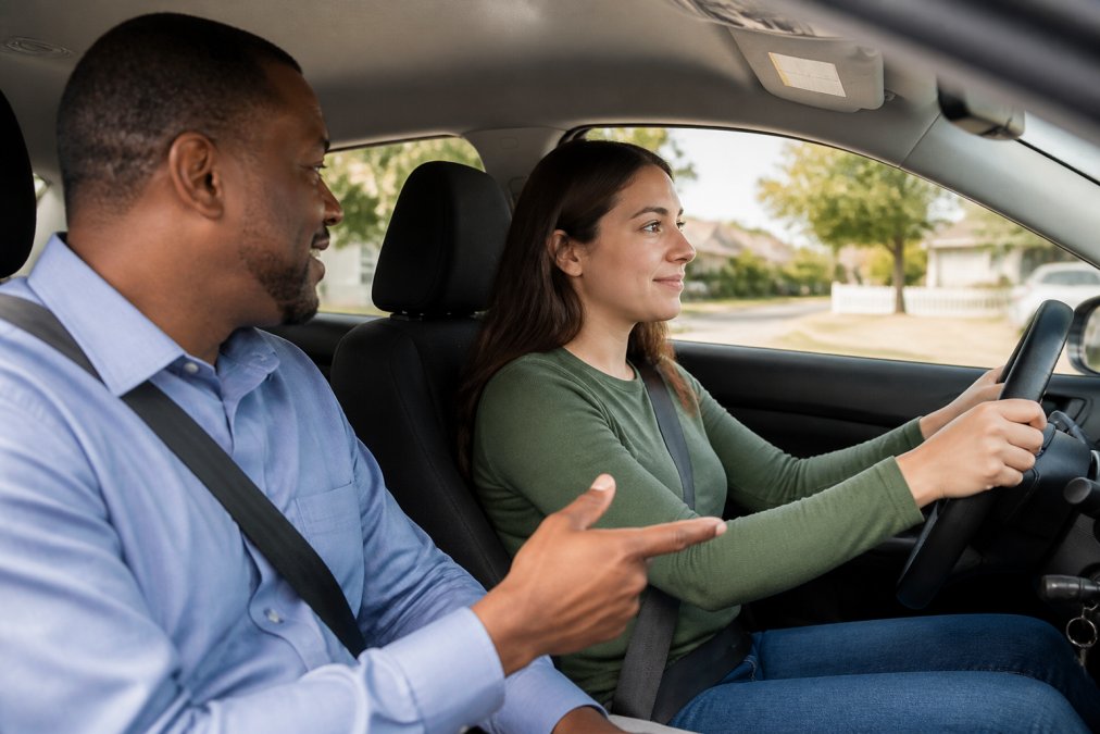 A calm, smiling driving instructor sitting in the passenger seat of a car, giving gentle directions to a relaxed adult student driver in a quiet suburban neighborhood