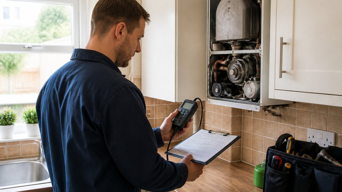 Professional Gas Safe registered heating engineer in uniform examining a boiler in a domestic kitchen, holding inspection documentation and diagnostic tools, with natural light from the window