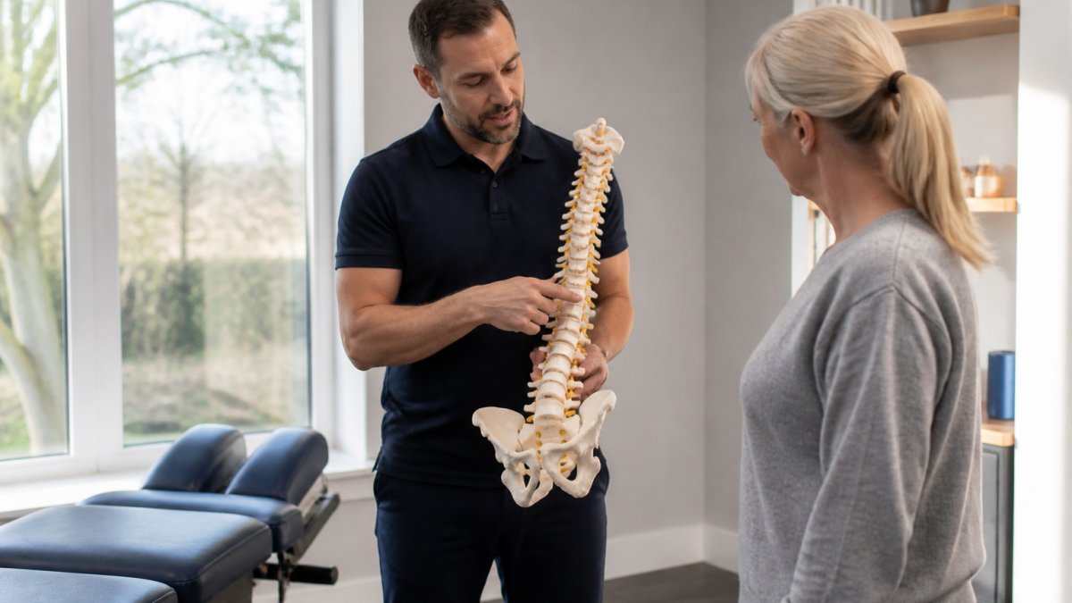 Professional chiropractor in modern clinic setting consulting with patient, pointing to spine model on desk with natural lighting and calm atmosphere