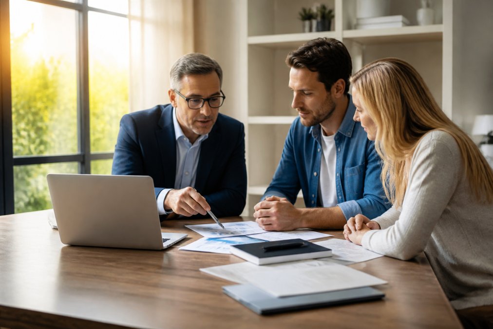 A financial adviser reviews documents with a couple at a desk in a sunlit office.