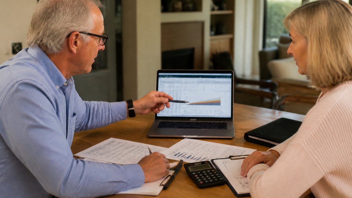 Financial advisor and early-retiree client reviewing a detailed retirement income plan with withdrawal strategy charts and tax projections on a laptop