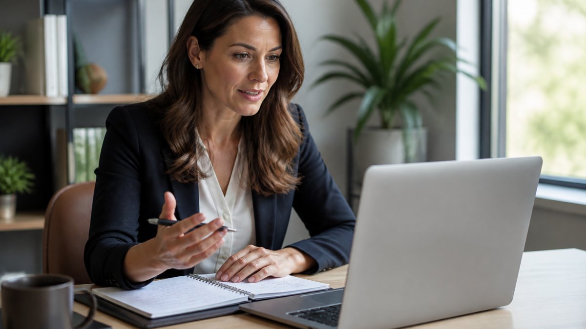 Professional in business attire conducting a focused video interview on laptop at a modern desk with notepad and pen, natural office lighting