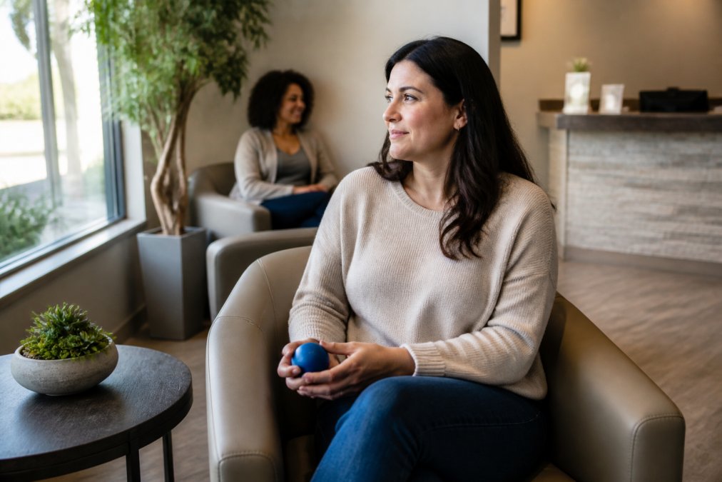 Patient sitting in a calm waiting room with soft natural lighting, holding a stress ball, with relaxed posture and comfortable seating visible