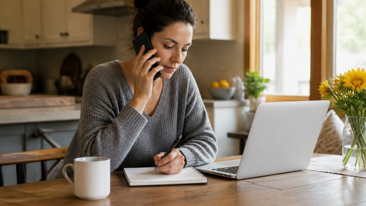 A person sitting at a kitchen table with a laptop and a notepad, phone in hand, calmly researching local dental offices in soft morning light
