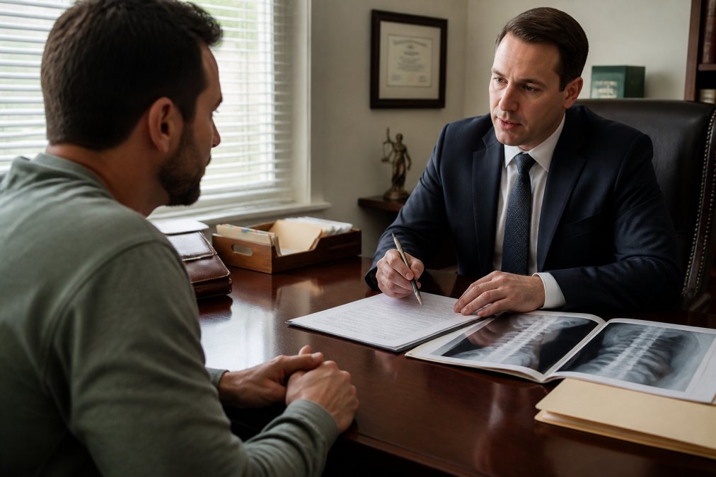Client and attorney sitting across from each other at a professional desk during consultation, with medical records and legal documents visible between them, natural office lighting, serious focused discussion