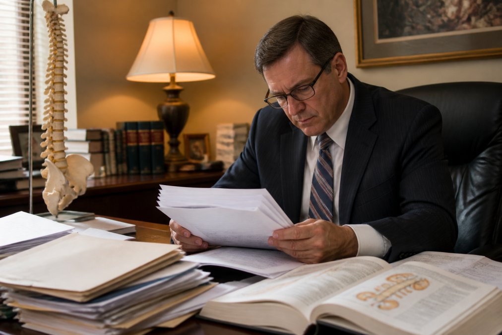 Experienced attorney in professional office carefully reviewing medical records and case files with focused concentration, surrounded by legal documents and reference materials, warm office lighting