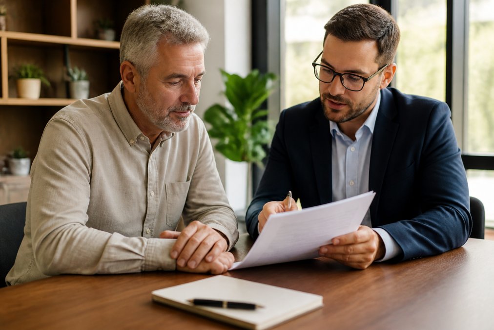 A local financial consultant reviewing investment documents with a client during a planning session
