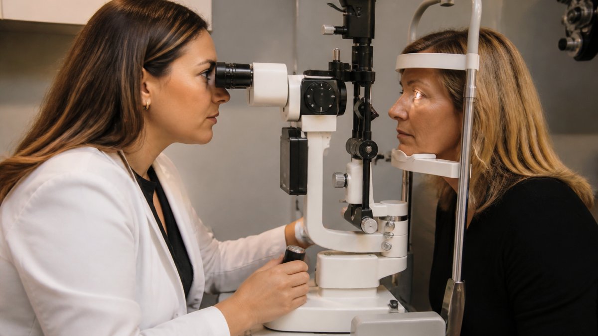Professional eye care provider performing close-up eye examination on patient using specialized equipment in modern optometry clinic with warm lighting
