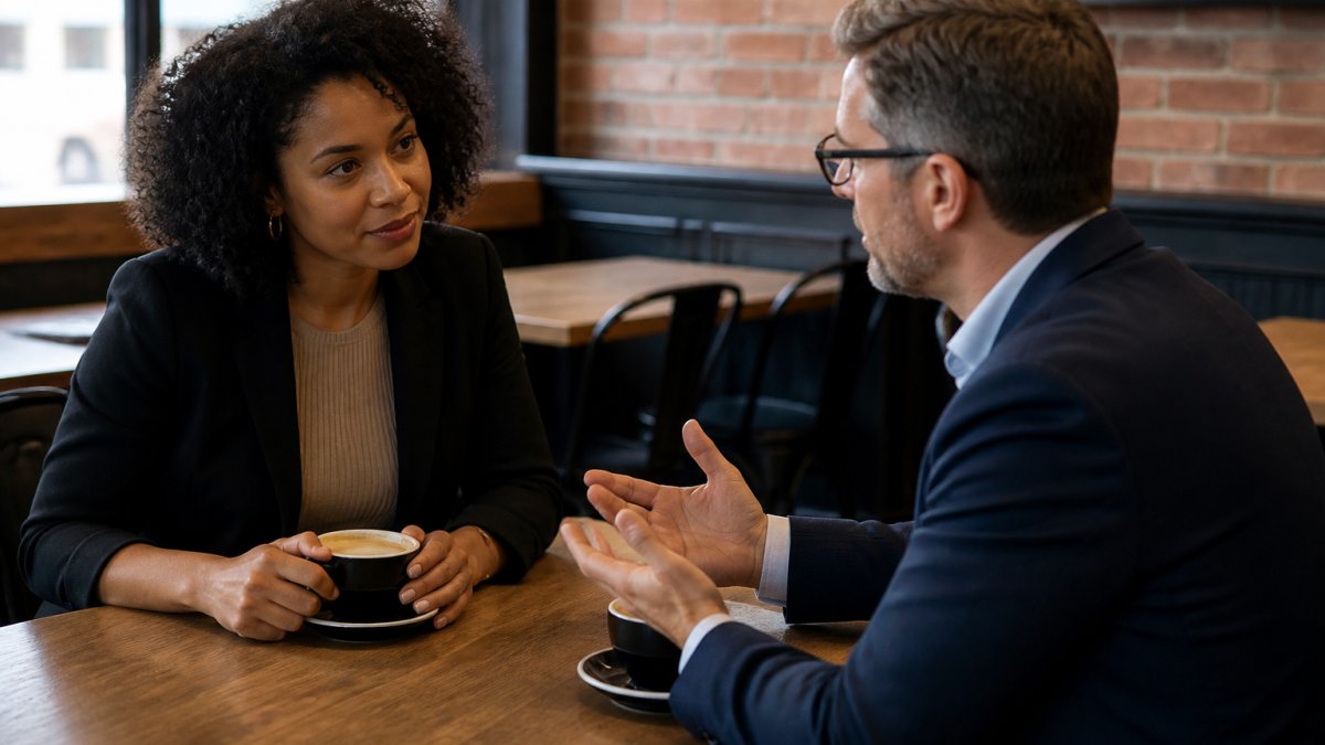Two business professionals meeting for coffee in a casual café setting, having a focused conversation across a small table