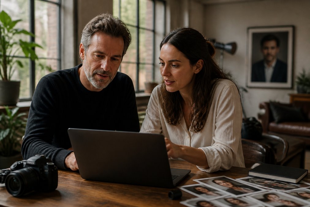 Professional photographer and prospective client reviewing portfolio images together on a laptop in a bright, modern studio setting with natural daylight streaming through windows