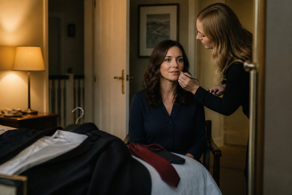 Client preparing for a headshot session with professional outfit laid out on a bed, makeup artist applying finishing touches, person looking confident and composed in a mirror with soft natural lighting