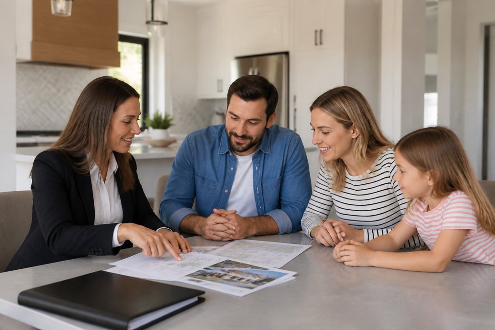 Real estate agent meeting with a relocating family in a bright, modern home, reviewing property details and market information together at a kitchen table with documents and a laptop visible
