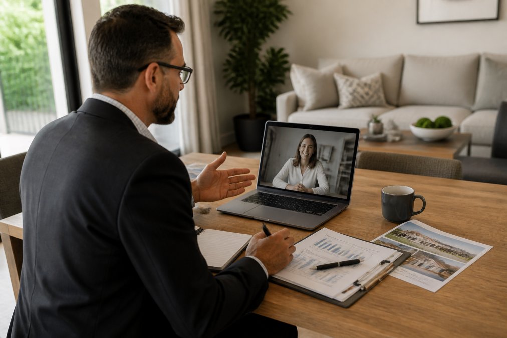 Professional real estate agent conducting a video call interview with a relocating client on a laptop, documents and market analysis notes visible on the desk with a cup of coffee
