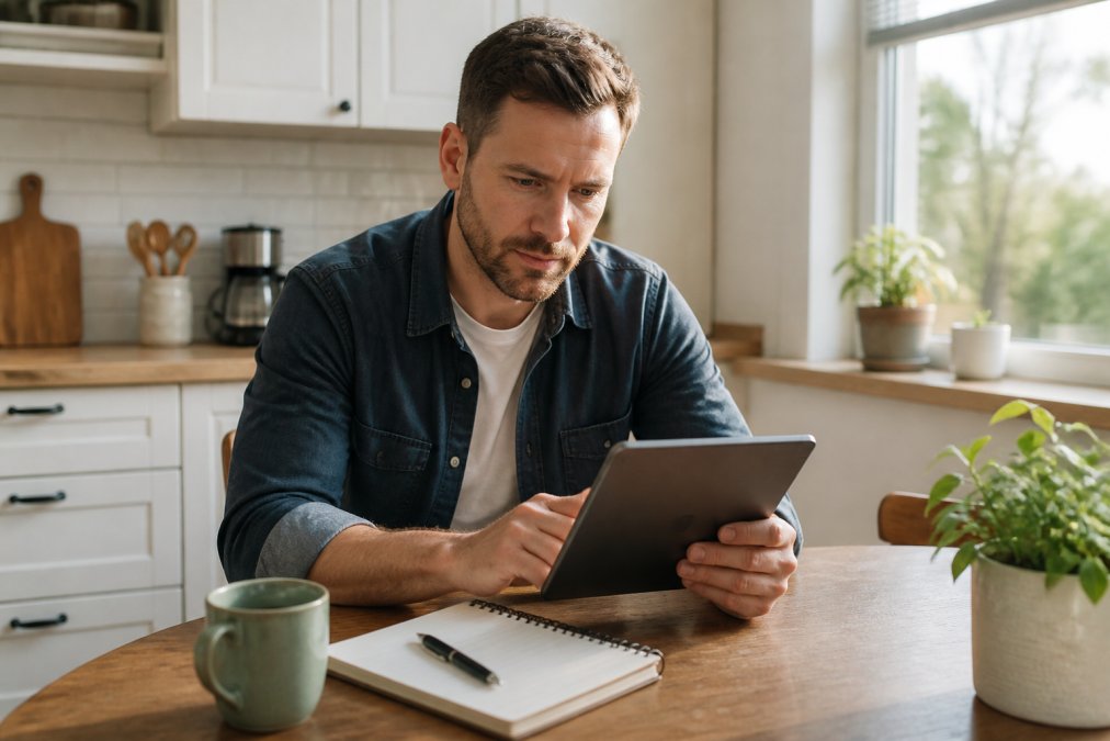 Homeowner reviewing customer reviews and credentials on a tablet while sitting at a kitchen table with a notepad and pen, natural morning light from window