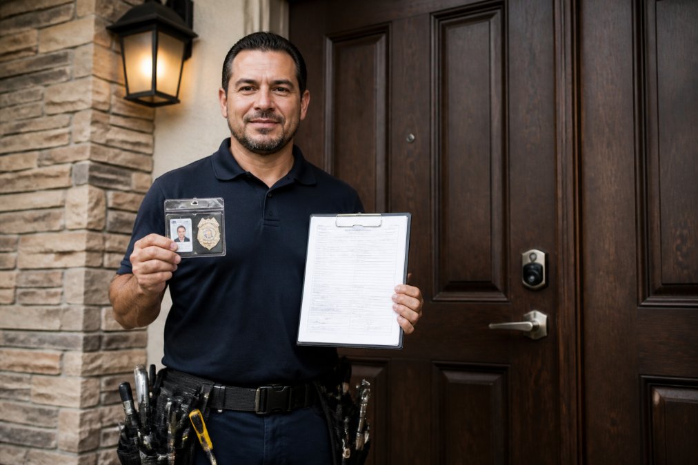 Professional locksmith in uniform holding credentials and insurance documentation, standing in front of a residential door with service tools visible in a utility belt