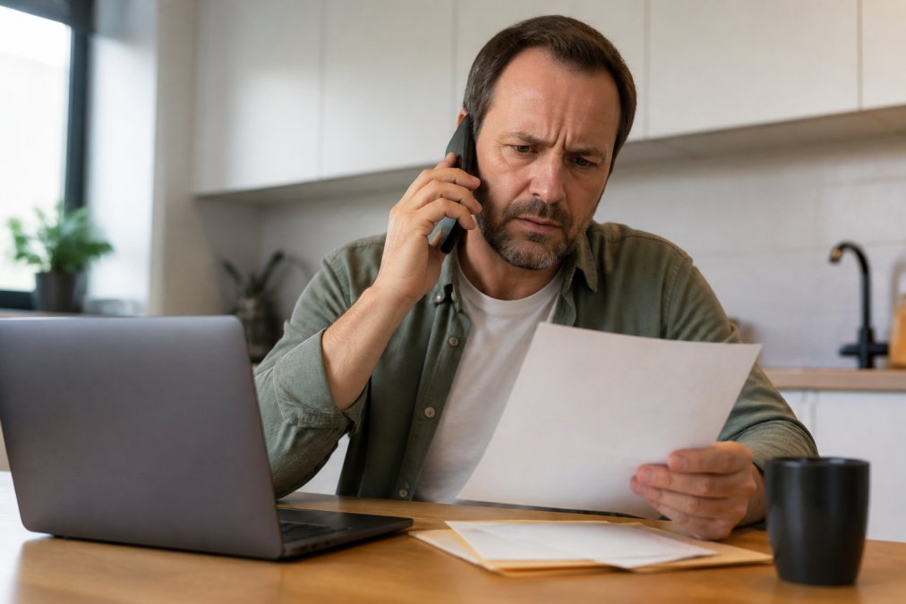 Close-up of a homeowner reviewing paperwork and making a phone call, with a skeptical expression, at a kitchen table with a laptop visible