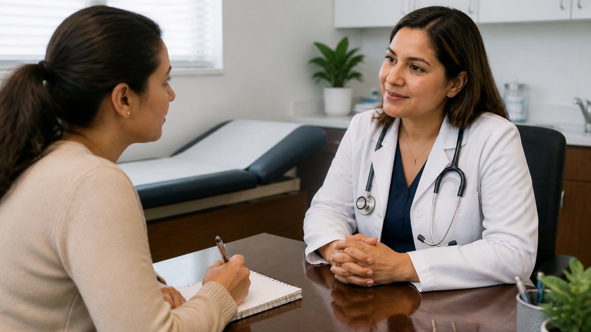 Patient sitting at a desk consulting with a Spanish-speaking doctor in a bright clinic office.
