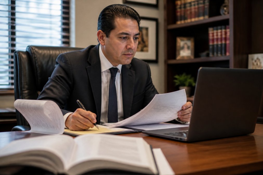 Professional in business attire sitting at desk reviewing legal documents and taking notes while looking at computer screen, representing the research and attorney vetting process in modern law office