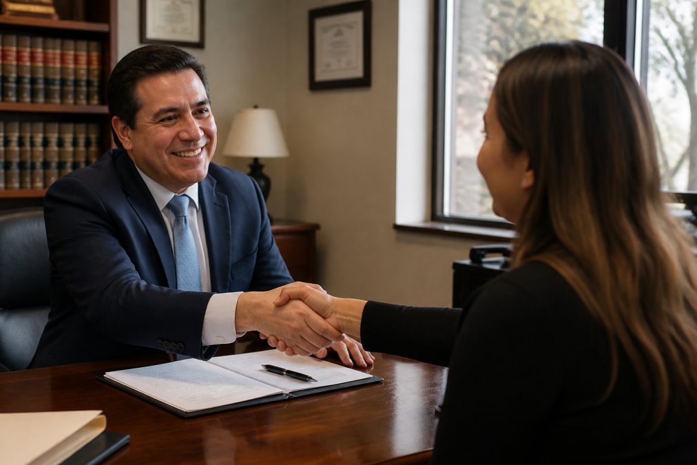 Professional attorney and client shaking hands across wooden desk in formal law office setting with natural light from windows, demonstrating client consultation and trust-building meeting