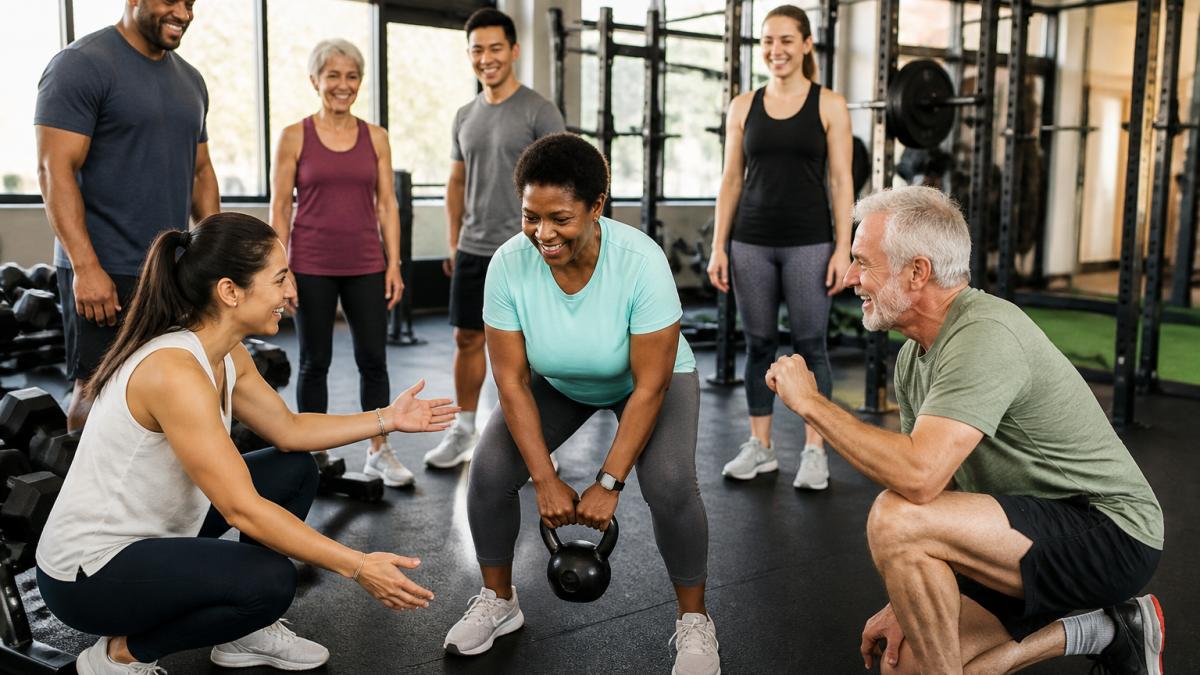 Diverse group of gym members of different ages and fitness levels exercising together in a bright, welcoming facility, smiling and offering encouragement to one another