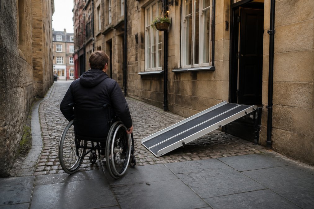 A person using a manual wheelchair navigating a narrow cobbled street in a historic city centre, with old sandstone buildings on either side and a portable ramp visible propped against a restaurant entrance ahead