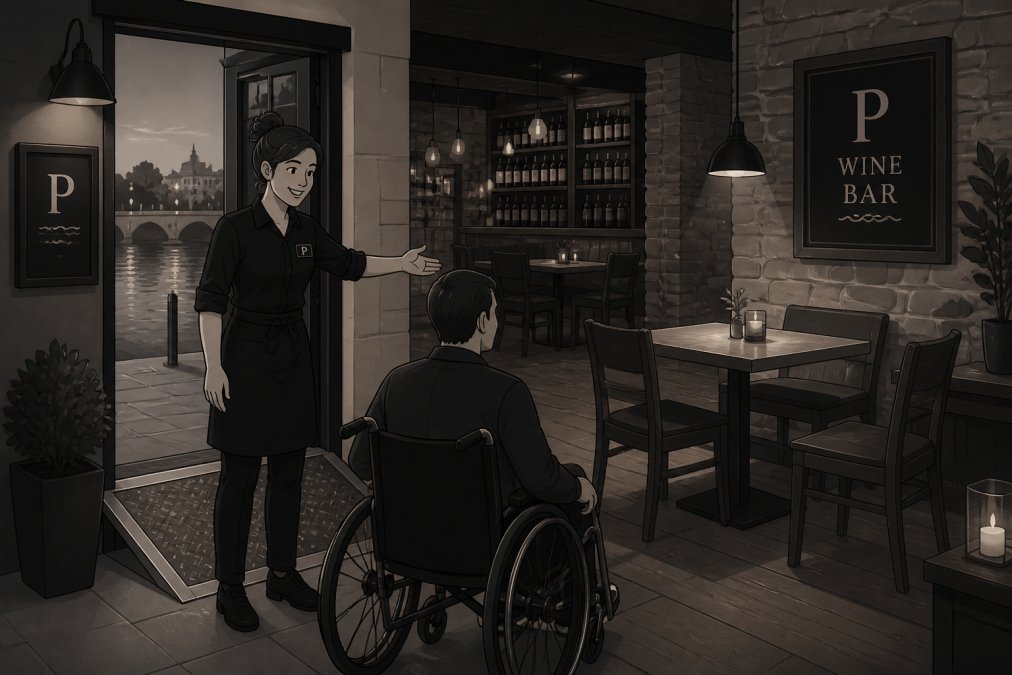 Warm interior of a cosy independent wine bar with low lighting, wooden tables, and exposed stone walls, with a smiling member of staff guiding a guest toward a table near the entrance