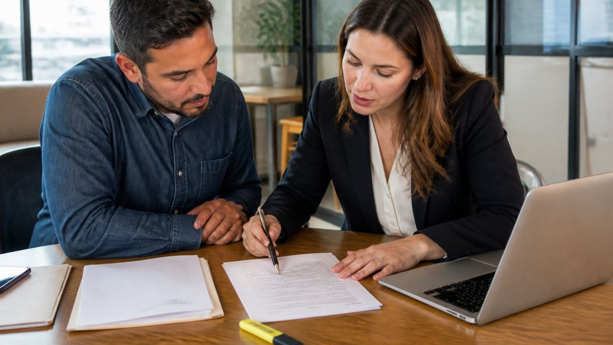 A small business owner and a legal consultant at a wooden desk reviewing a printed commercial lease agreement, with a pen, highlighter, and laptop showing a blank document open beside them in a bright office