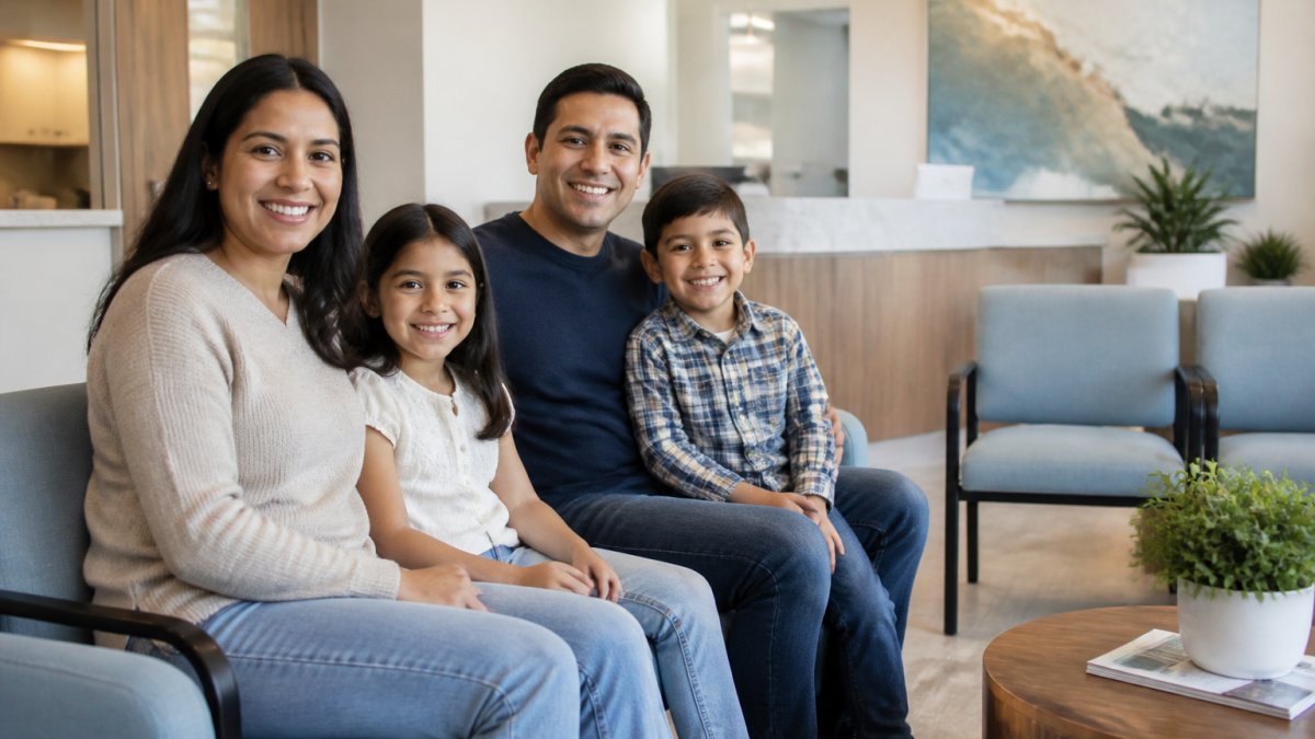 Family of four (adults and children) in a bright, modern dental office waiting room, smiling and looking relaxed, with contemporary furniture and calming decor visible