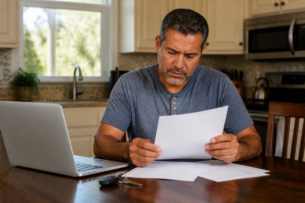 A Florida driver reviewing insurance paperwork at a kitchen table with a laptop and car keys nearby, warm afternoon light through a window