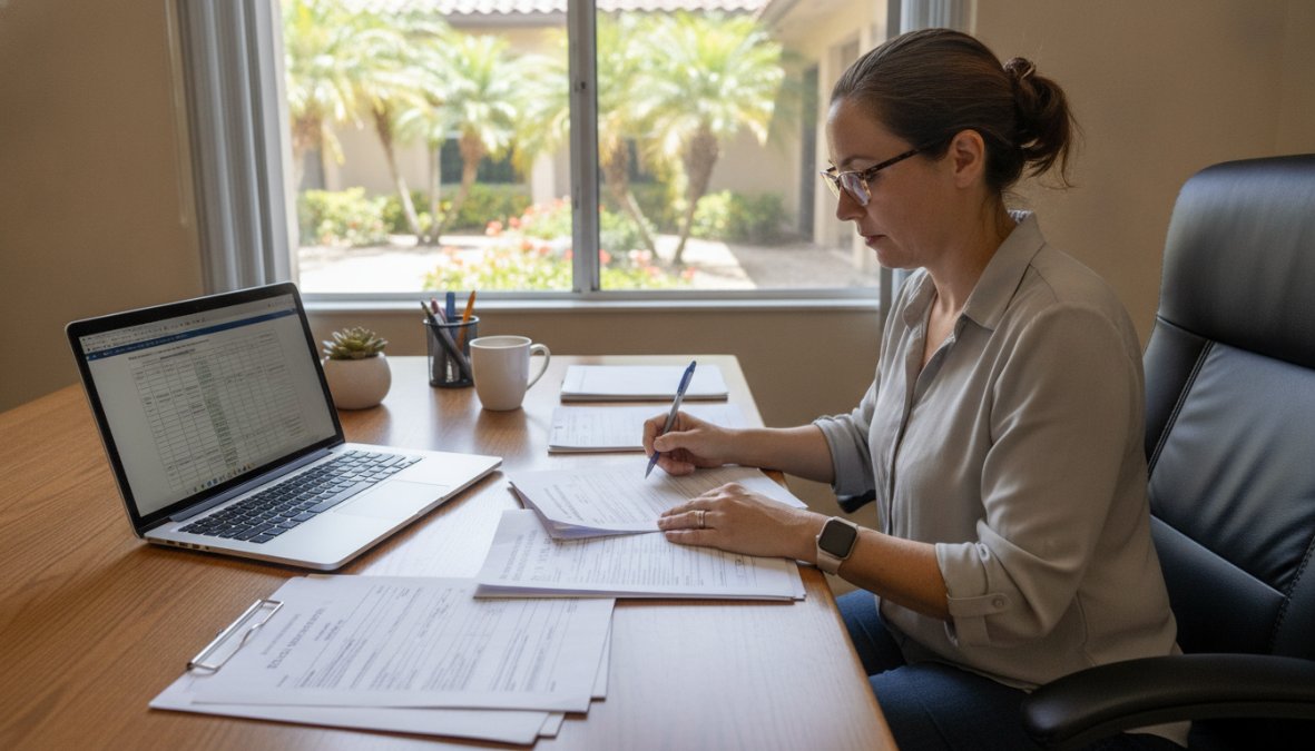 A person sitting at a desk reviewing housing application documents with a laptop and paperwork spread out, natural office lighting