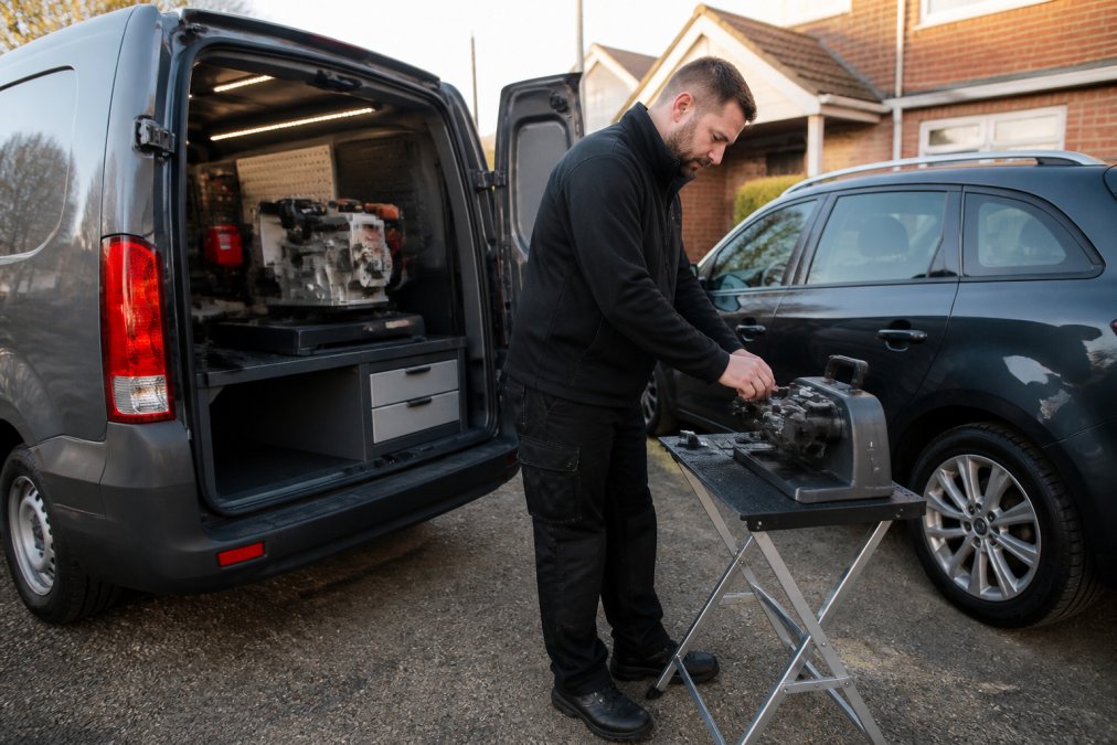 Mobile locksmith van parked beside a car with technician using on-site equipment to cut and programme a replacement key under daylight