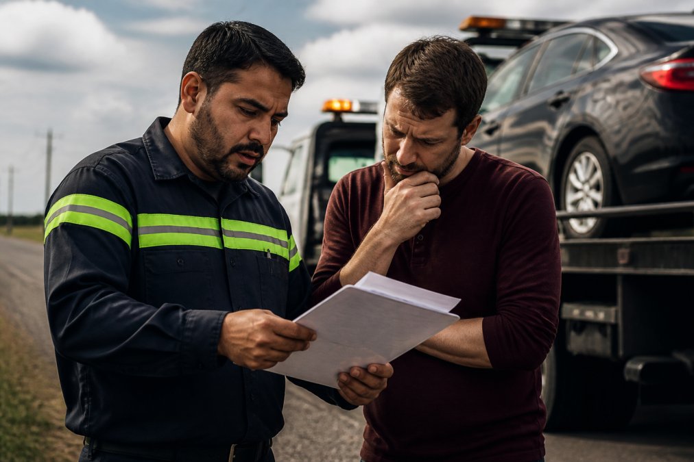 Driver and professional tow truck operator on roadside reviewing service agreement and discussing pricing details in daylight, both examining paperwork
