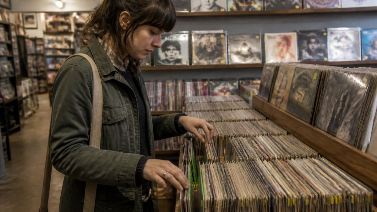 A shopper flipping through a crowded crate of used vinyl records in a warmly lit independent record shop, with price stickers visible on the sleeves and shelves of LPs behind them