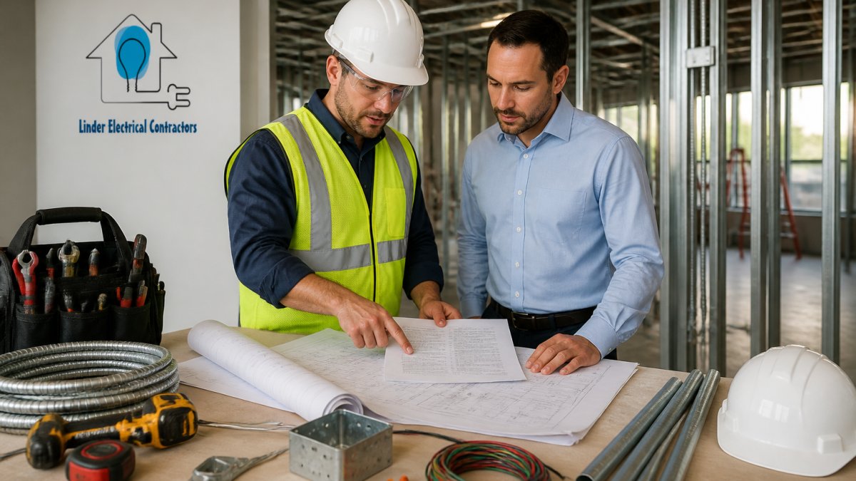 Licensed electrician in hard hat and safety vest reviewing electrical blueprints and code compliance documents with commercial property manager on a jobsite