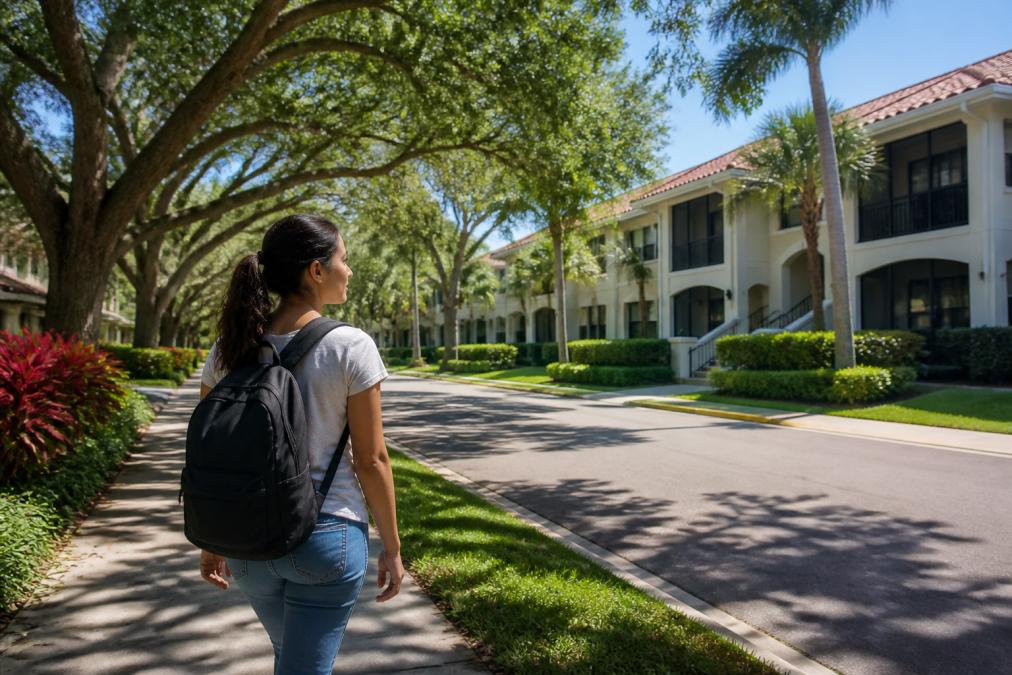 A young graduate student walking with a backpack along a tree-lined residential street near a university campus, with garden-style apartment buildings visible in the background under bright Florida sunshine