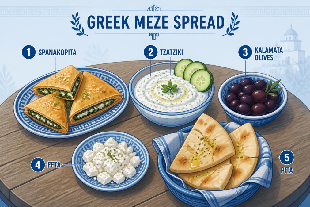 Spread of traditional Greek meze dishes on a rustic wooden table including spanakopita triangles, tzatziki dip with cucumber slices, Kalamata olives, crumbled feta cheese, and warm pita bread with an olive oil drizzle under warm ambient lighting