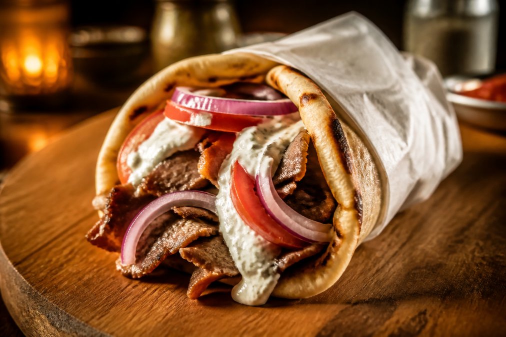 Close-up of a freshly made gyro wrap with char-grilled sliced meat, creamy tzatziki, ripe tomato slices, and onions folded into warm grilled pita on a wooden serving board, with warm amber restaurant lighting in the background