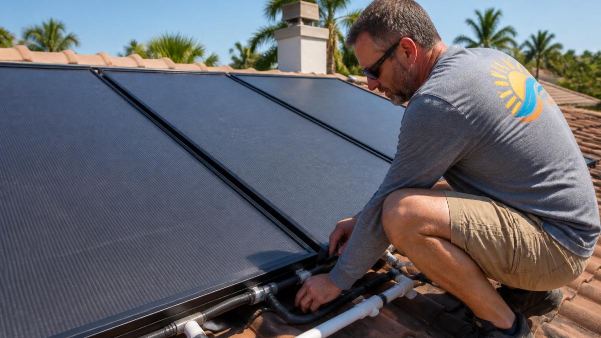 Technician inspecting Heliocol solar pool panels while finding authorized heliocol solar technicians for repairs.