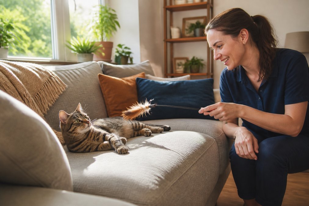 A relaxed tabby cat lounging on a sunlit couch in a cozy living room while a smiling pet sitter sits nearby offering a feather toy