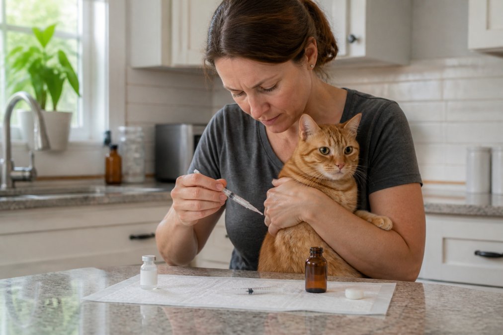 A professional pet sitter in a bright kitchen gently holding a small orange cat while carefully preparing a syringe for medication administration on a clean countertop