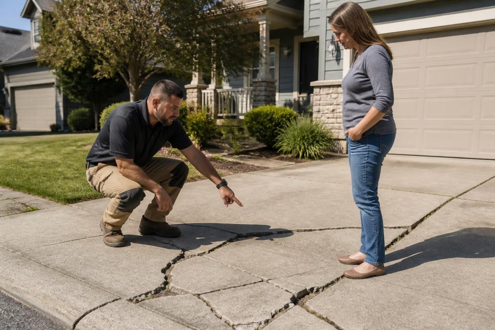 Professional concrete contractor inspecting a residential concrete driveway with visible cracks and wear, pointing out damage areas to a homeowner standing nearby in afternoon sunlight