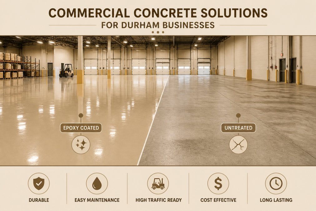 Wide view of a clean, polished commercial warehouse floor with glossy epoxy coating applied, showing the stark contrast between the treated polished section and untreated raw concrete areas in bright warehouse lighting