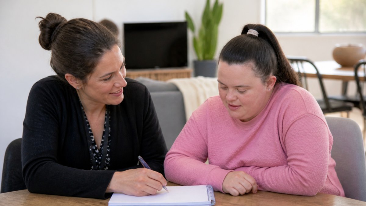 Support coordinator and NDIS participant reviewing notes together at a table, discussing support preferences in a warm, professional setting with natural lighting