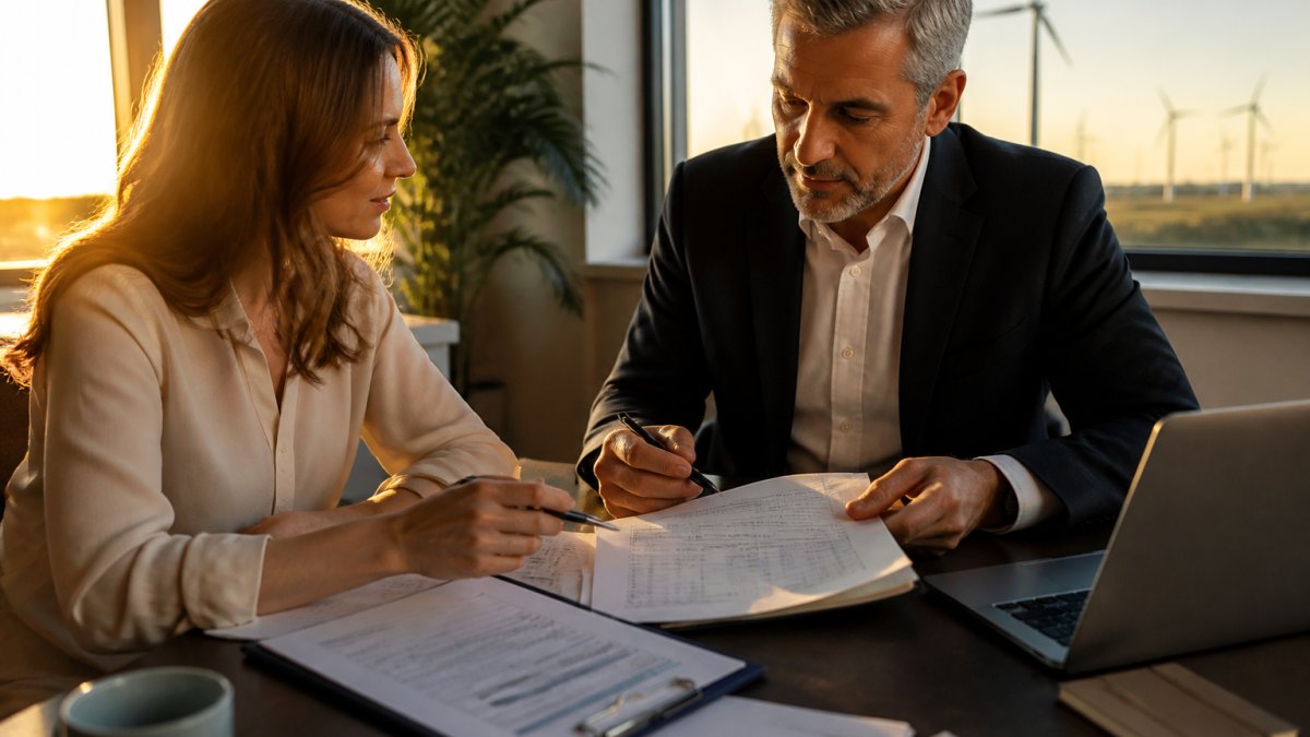 Professional investor and CPA meeting at modern office desk reviewing wind energy project documents and financial statements with laptop and charts visible