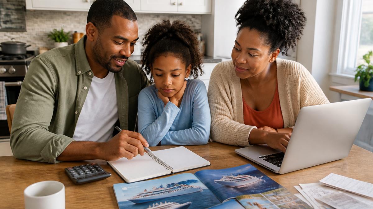 Infographic flowchart showing steps to compare cruise deals for families and calculate total travel costs.
