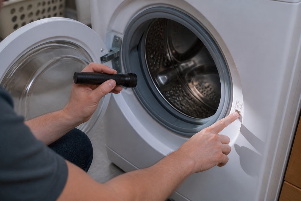 Person using a flashlight to read a washing machine model number for finding discontinued appliance spare parts