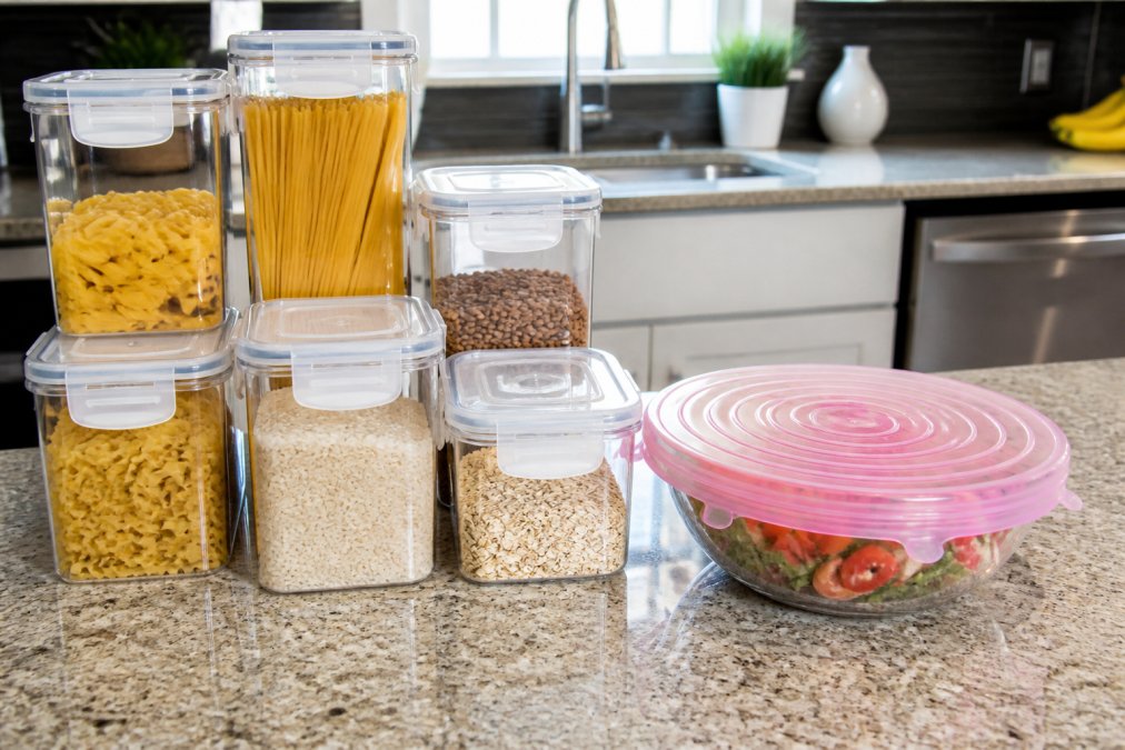 A bright modern kitchen counter with clear airtight plastic storage jars filled with grains and pasta, next to a bowl covered with a colorful silicone stretch lid