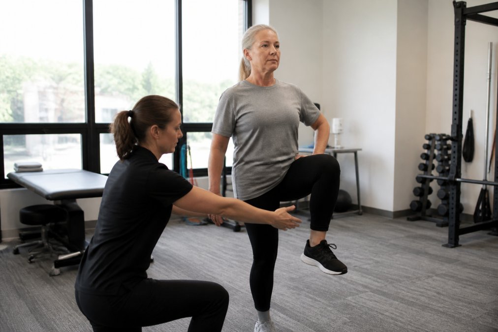Physical therapist guiding a middle-aged patient through a standing movement assessment in a bright, modern clinic with large windows