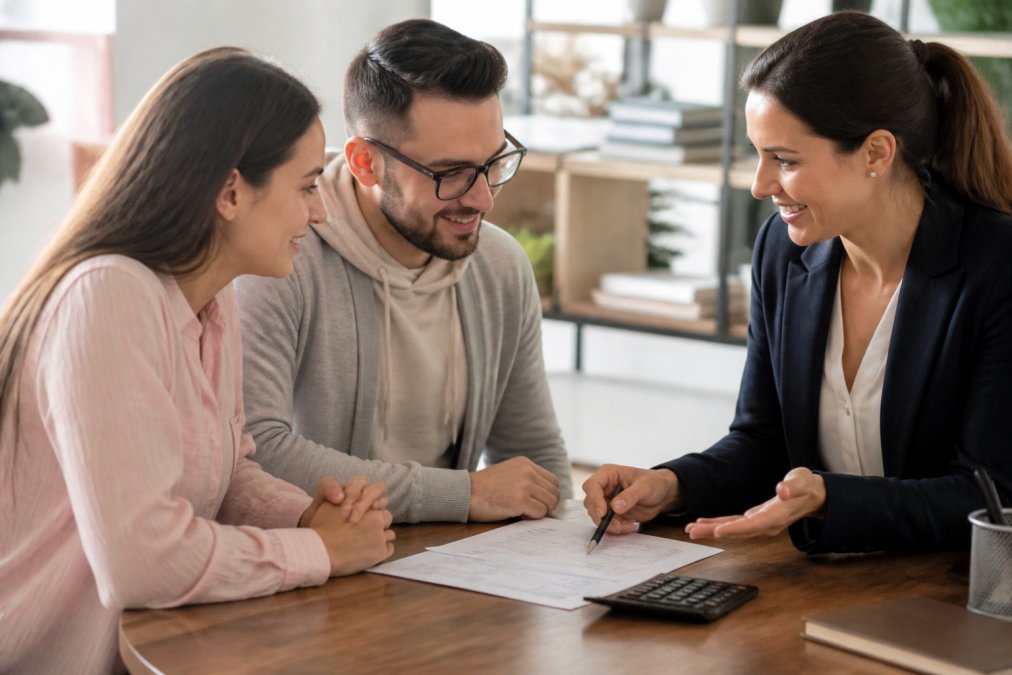 A supportive loan officer across a desk explaining mortgage documents to a young couple, with a calculator and papers between them, in a bright, welcoming office
